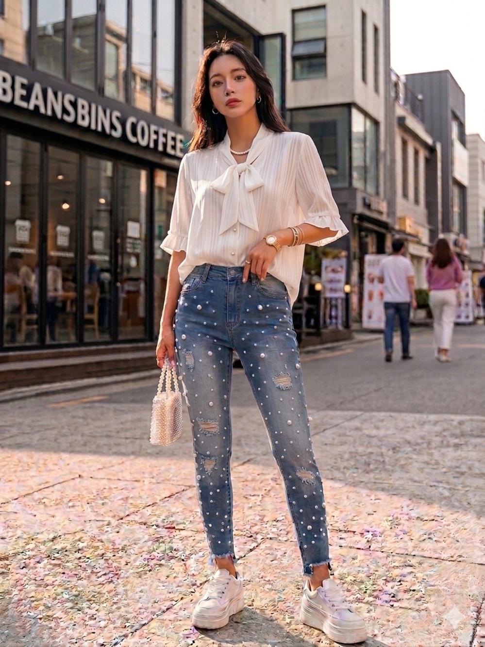 Blue Skinny Jeans with Pearl Embellishments